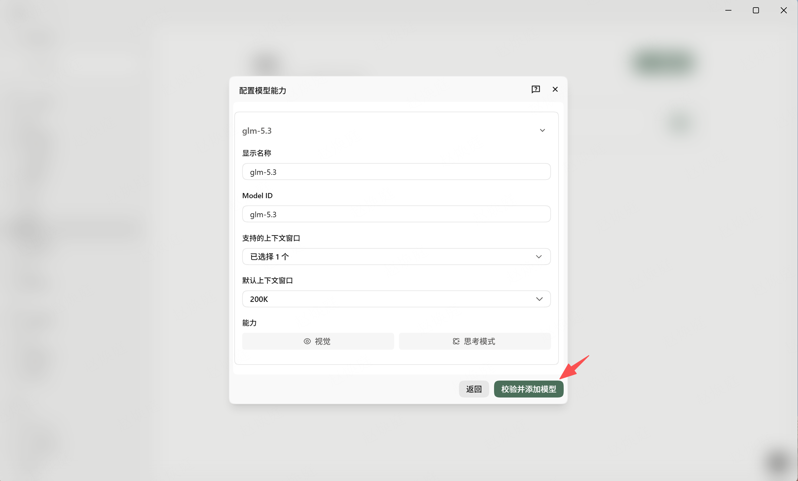 按模型实际能力配置上下文窗口等选项，点击“校验并添加模型”