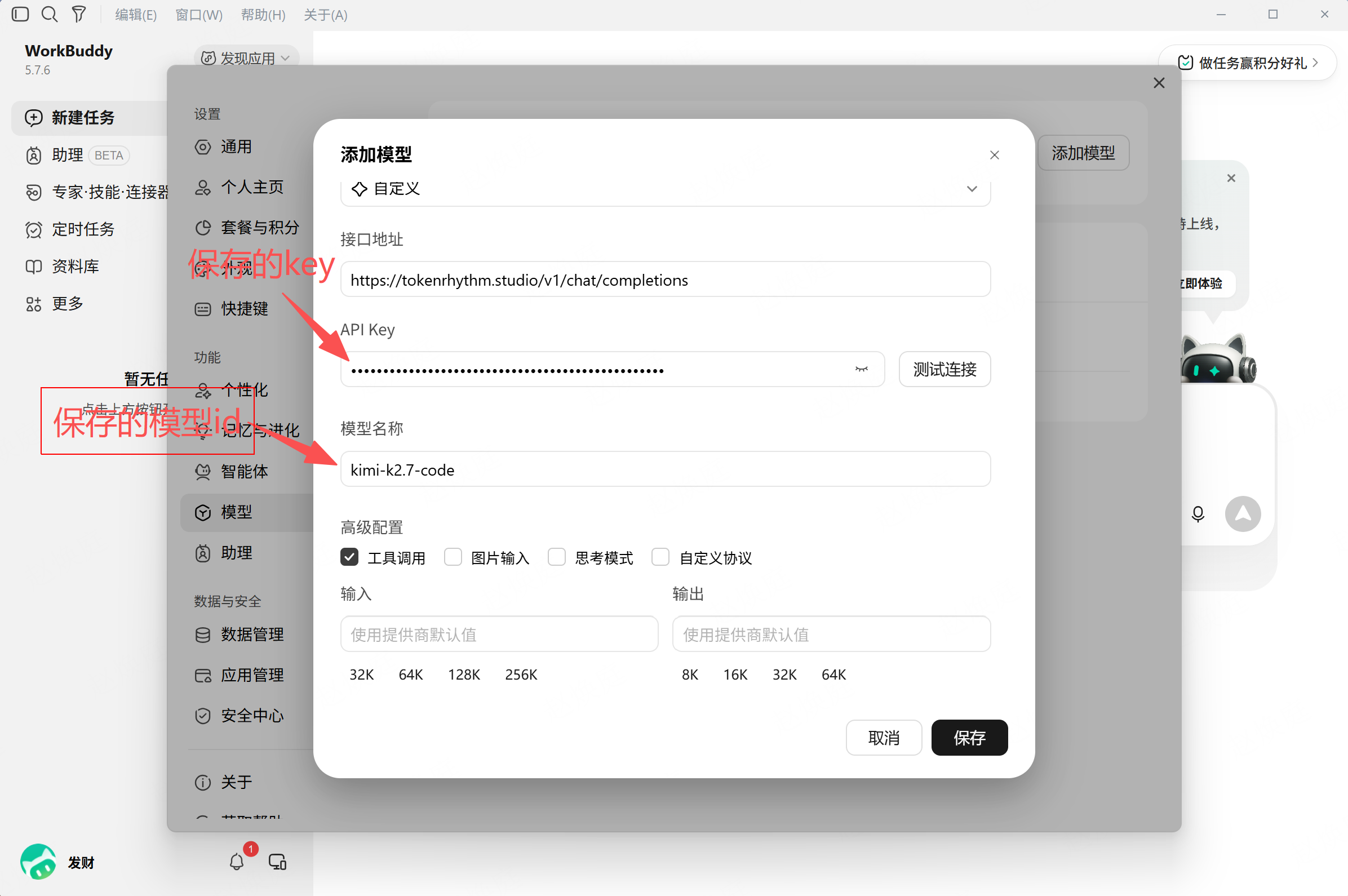 填写完整接口地址、API Key 和模型 ID，设置模型能力后测试连接并保存